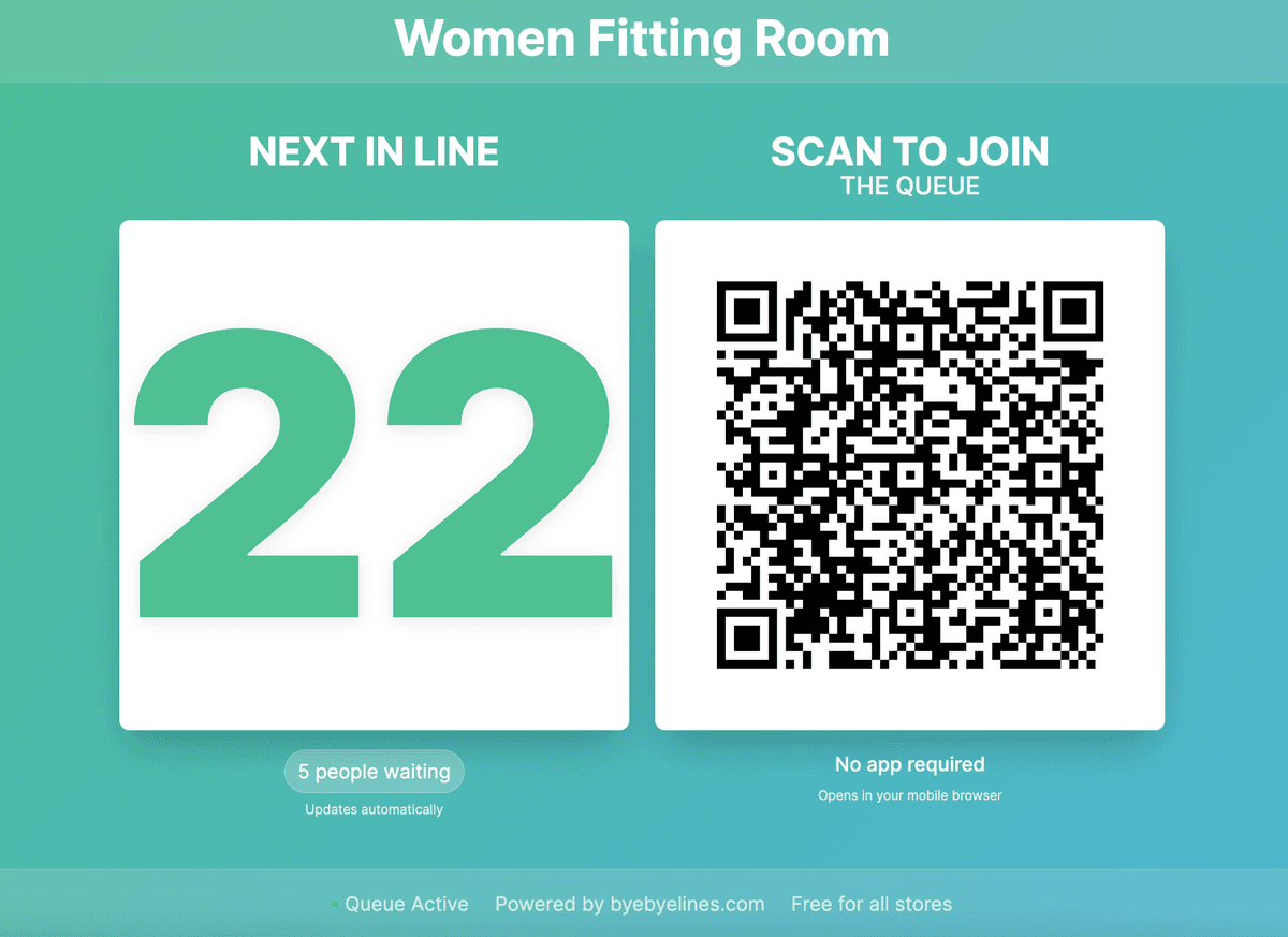 Queue Dashboard Preview - Digital queue system showing 'NEXT IN LINE' display with QR code for joining